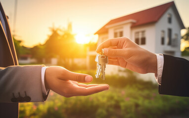 Key handover scene where the real estate agent or landlord hands over the keys to a new house owner, tenant, or property investor. - obrazy, fototapety, plakaty