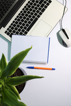 on a white background, a white laptop, a white computer mouse, a notepad, pens and a homemade green flower in a pot