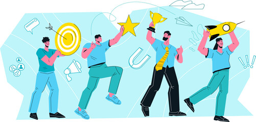 Business team success and efficiency, teamwork good results concept for web banner. Business people celebrating their success on market and company development.