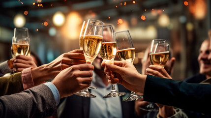 close shots group of people holding champagne glasses and toasting  - obrazy, fototapety, plakaty