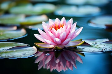Pink Water Lily Flower Floating on top of tranquil water Generative Ai