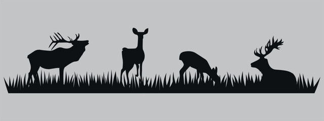 Deer grazing on the grass. Black silhouette. Vector on gray background.