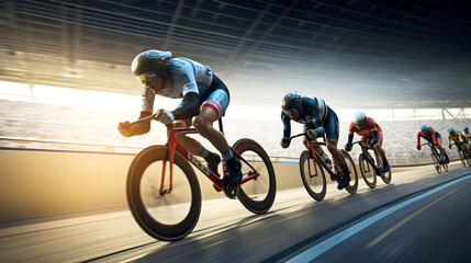 Track racing. Athletic men in track cycling at full speed. Olympic Games in Paris. Banner, blurred...