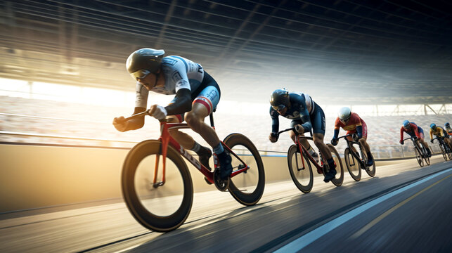 Track racing. Athletic men in track cycling at full speed. Olympic Games in Paris. Banner, blurred effect.