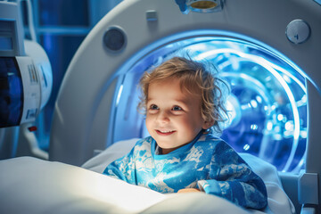 A young child patient undergoing a radiology procedure in a medical setting. - obrazy, fototapety, plakaty