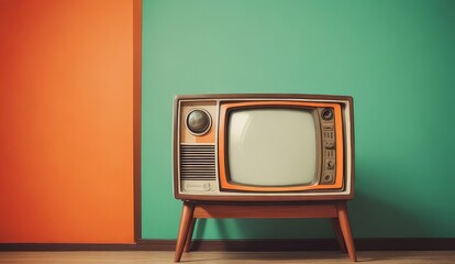 Retro and old television in the living room on a background of a wall with green and orange colours