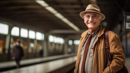 Senior smiling professional with luggage waiting at subway or train railway station platform - obrazy, fototapety, plakaty