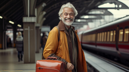 Senior smiling professional with luggage waiting at subway or train railway station platform - obrazy, fototapety, plakaty