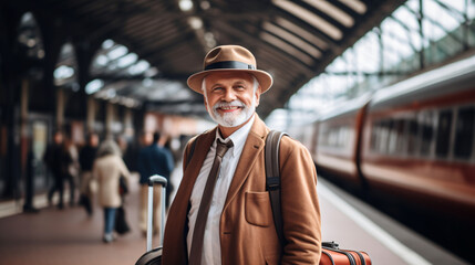 Senior smiling professional with luggage waiting at subway or train railway station platform