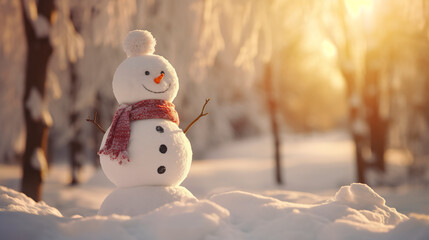 A snowman in a snow-covered landscape amidst winter scenery. Ornate snowman in white snow landscape under daylight. Scene of the magic and delicacy of the season.