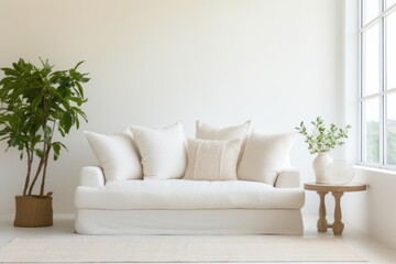 Bright Light white Tone Color Living Room Sofa with White Cream Color Pillow Cases Generative Ai