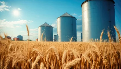 Fotobehang Wheat field with silos. agricultural production storage. agricultural idea. Copy space for text, advertising, message, logo © CFK
