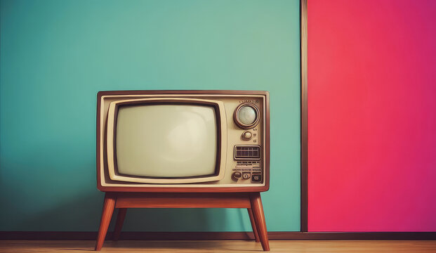 Retro and old television in the living room on a background of a wall with green and orange colours