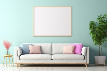 Blank Picture Frame with Copy Space at a Wall within a  Pastel Color Room Generative Ai