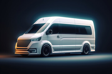 Modern white tuned sporty passenger van front left side corner angle view, in dark studio background with copy space