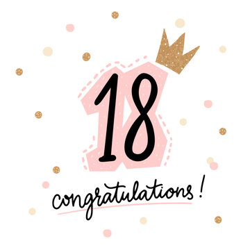 18 birthday greeting card, golden and pink confetti on white background. Happy birthday banner