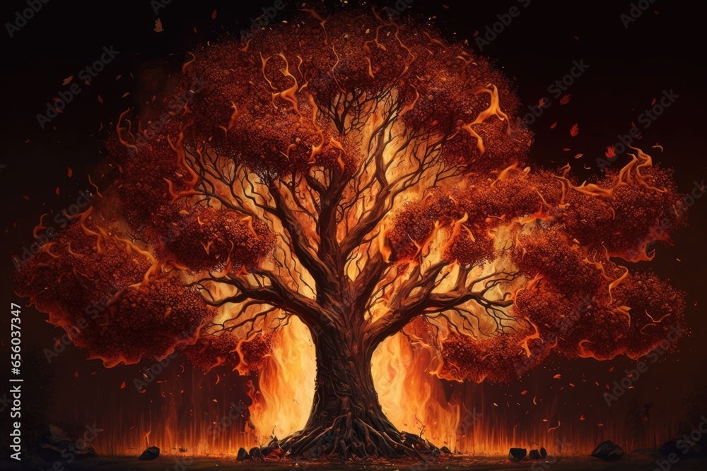 Wall mural Burning tree in the forest. Fire in the forest