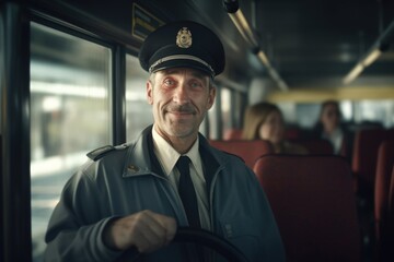A picture of a man wearing a uniform sitting on a bus. This image can be used to depict public transportation, commuting, or a professional in transit.