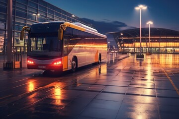 A bus parked in front of a building at night. This image can be used to depict urban transportation, city life, or night scenes.