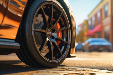 A detailed view of a car tire on a city street. This image can be used to showcase transportation, urban life, or the concept of travel.