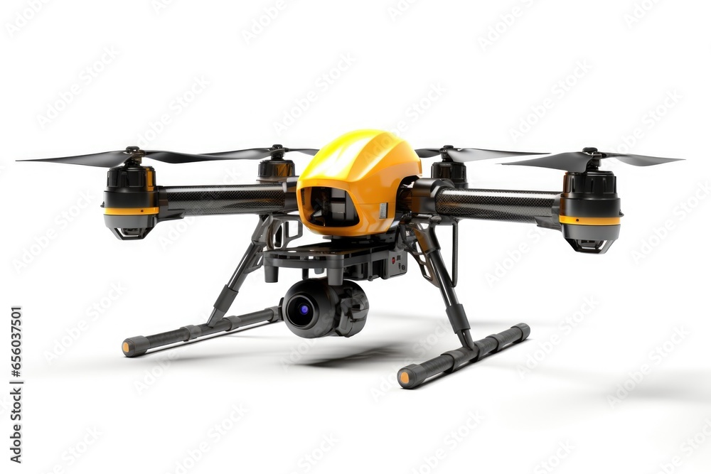 Poster a yellow and black drone sitting on a white surface. this picture can be used for illustrating techn