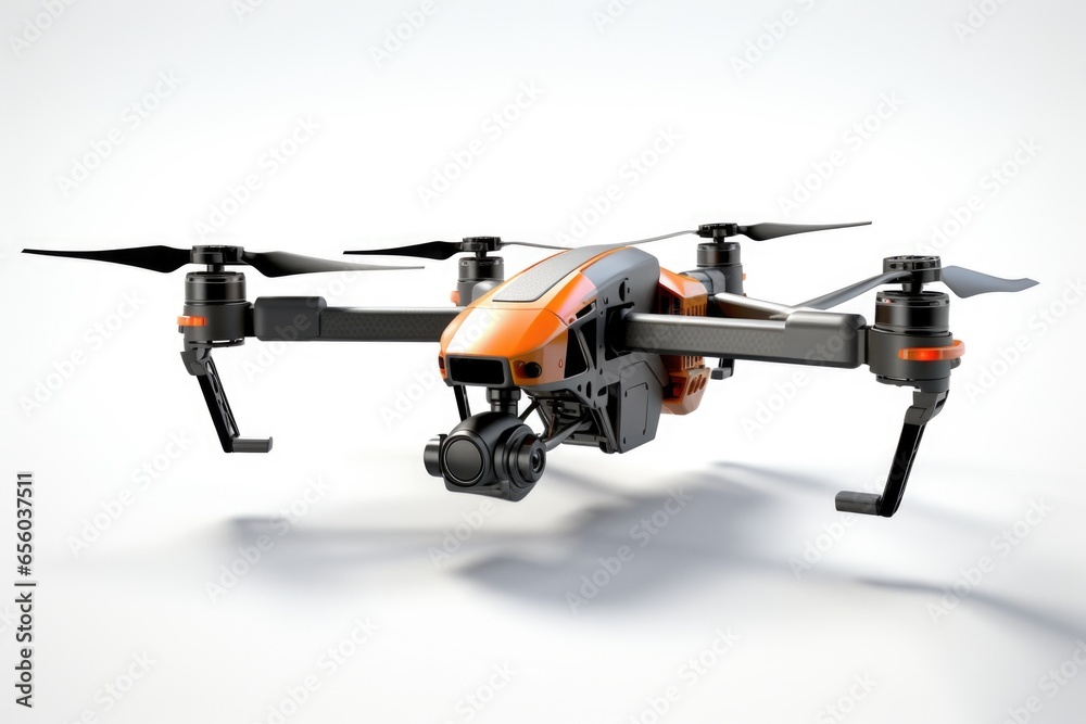 Poster a compact drone with orange and black colors resting on a white surface. perfect for technology and 