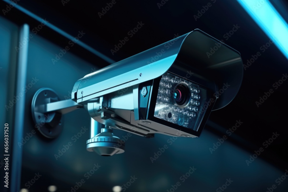 Poster a security camera mounted on the side of a building. this image can be used to depict surveillance, 