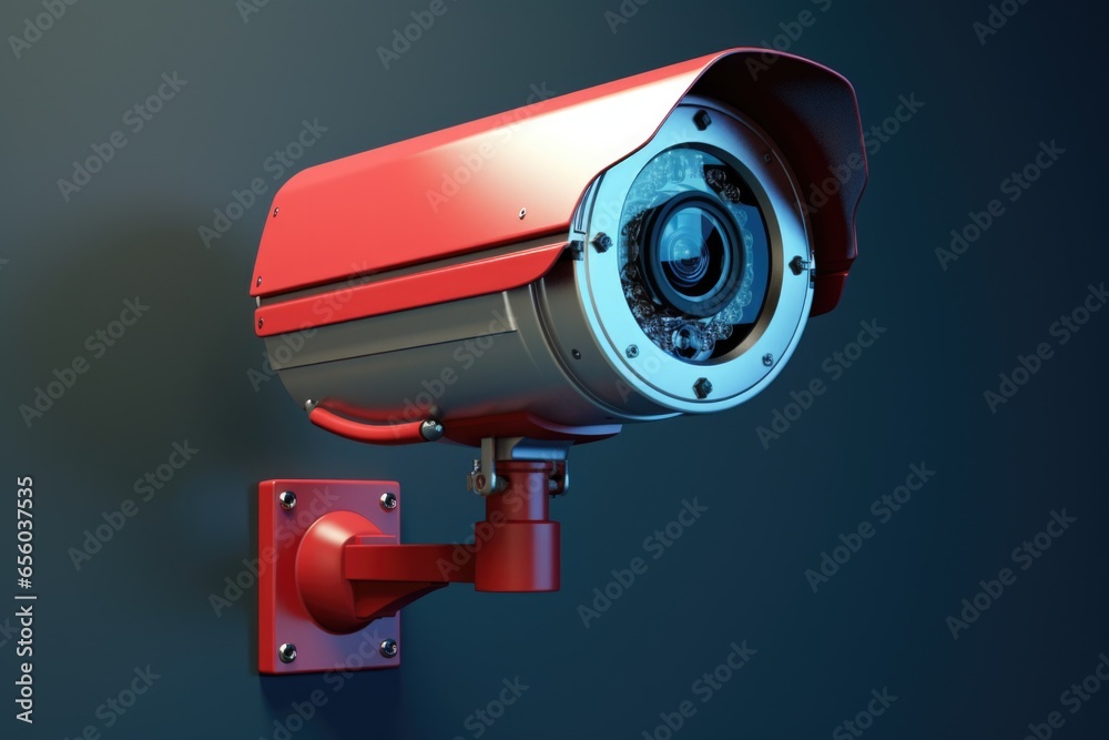 Poster a red security camera mounted on a wall. suitable for surveillance, monitoring, and security concept