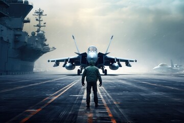 A man is seen standing in front of a fighter jet on an aircraft carrier. This image can be used to depict military operations, aviation, or the power of modern technology. - obrazy, fototapety, plakaty