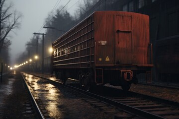 Fototapeta premium A picture of a train traveling down train tracks next to a tall building. This image can be used to depict urban transportation or the juxtaposition of nature and cityscape.