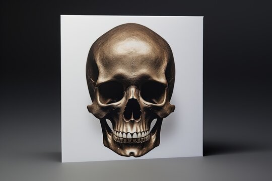 A gold skull resting on a white card against a black background. This image can be used for various purposes, such as Halloween decorations, gothic-themed designs, or as a symbol of mortality.