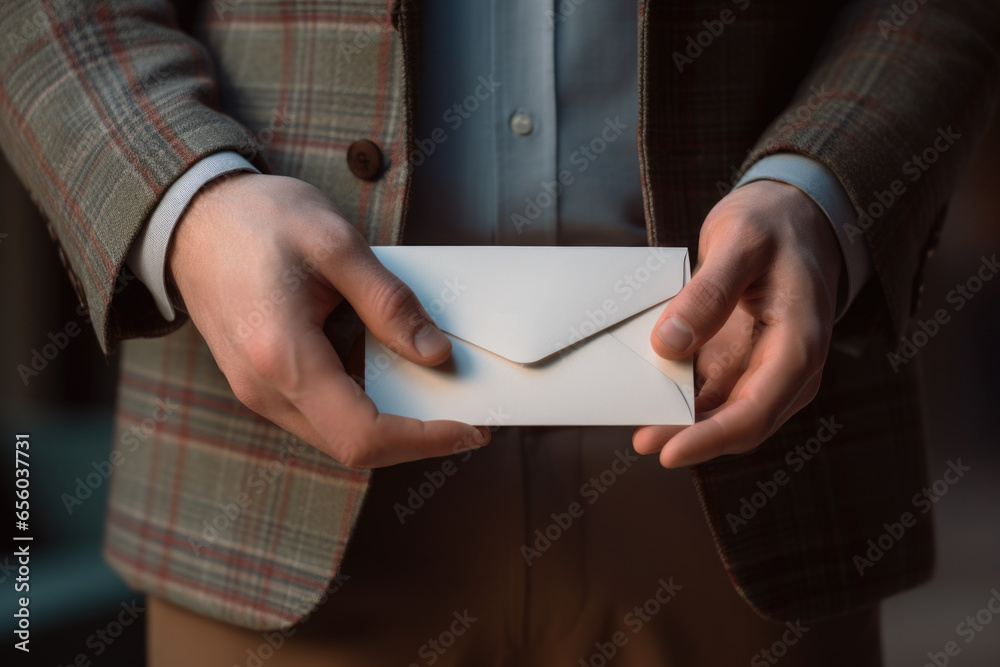 Poster a professional man dressed in a suit holding a white envelope. this image can be used to depict busi
