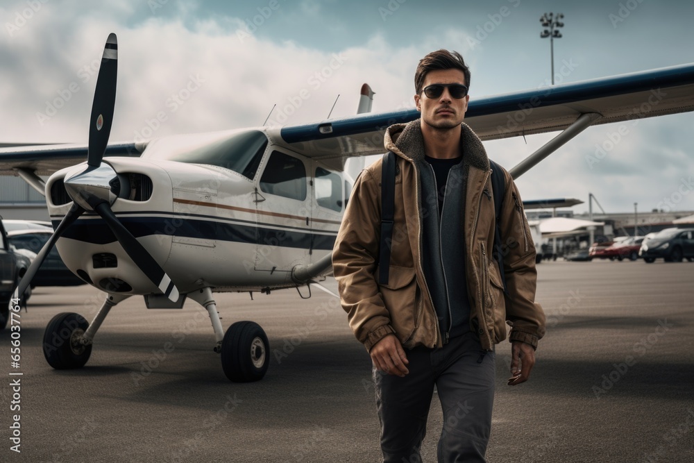 Wall mural a man standing confidently in front of a small plane. this image can be used to illustrate aviation,