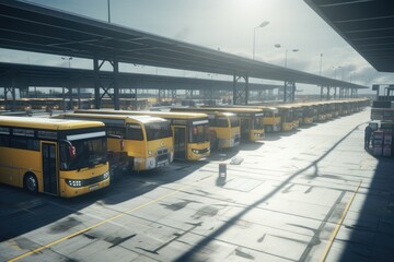 A group of yellow buses parked in a parking lot. This image can be used to depict transportation, school buses, public transportation, or a busy parking lot scene. - obrazy, fototapety, plakaty