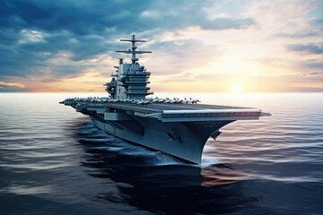 An image of an aircraft carrier located in the vast expanse of the ocean. This picture can be used to depict naval operations, military power, or the vastness and isolation of the open sea. - obrazy, fototapety, plakaty