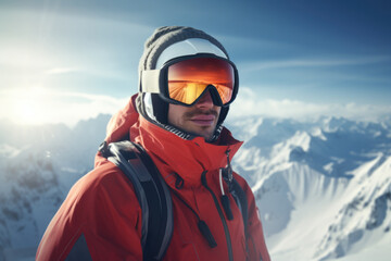 A man wearing a red jacket and goggles is pictured on a mountain. This image can be used to depict outdoor activities or winter sports.