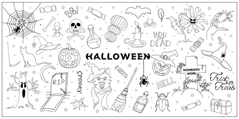 Happy halloween. Set of horror hand drawn doodle. Pumpkins, ghost, skull, cemetery, black cat, poison bottles, hat, dream catchers, moon, broom. Halloween doodles for coloring.