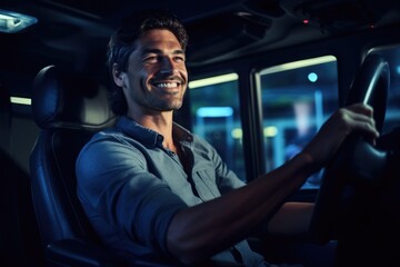 A man is seen smiling while driving a bus at night. This image can be used to depict a happy and confident driver in a nighttime transportation setting.