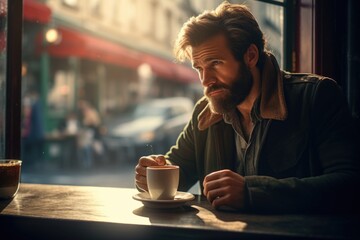 A man is seen sitting at a table, holding a cup of coffee. This image can be used to depict relaxation, morning routine, or a cozy coffee break. - obrazy, fototapety, plakaty