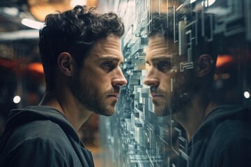 Two men standing in front of a glass wall, looking at each other. This image can be used to depict concepts of communication, partnership, teamwork, or conflict resolution.