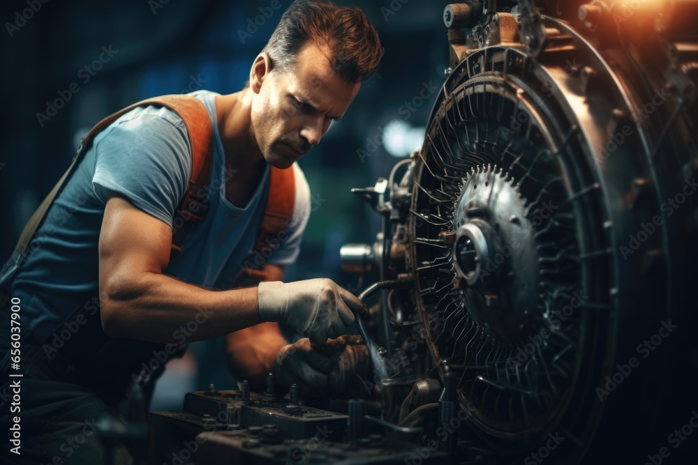Poster a man is seen working on a machine in a factory. this image can be used to depict manufacturing, ind