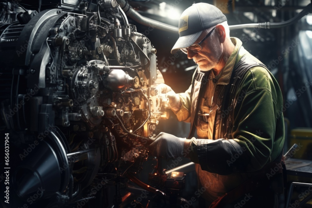 Aufkleber a man is seen working on a machine in a factory. this image can be used to depict industrial work, m