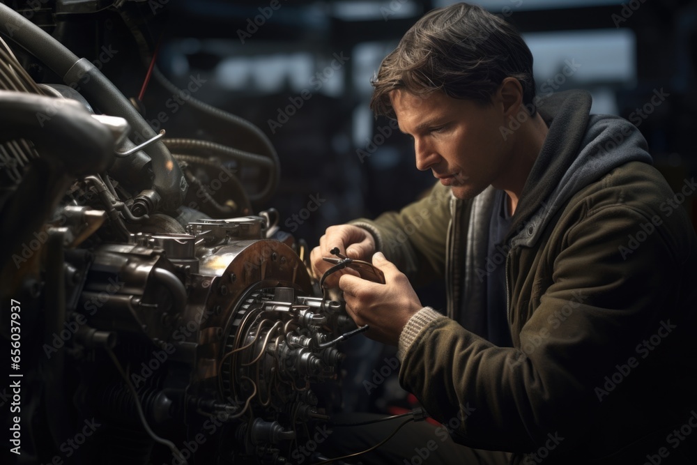 Aufkleber a man is seen working on an engine in a garage. this picture can be used to illustrate car maintenan