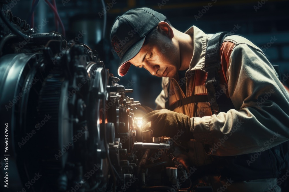Poster A man is seen working on a machine in a factory. This image can be used to depict industrial work, manufacturing processes, or the concept of automation in the workplace.