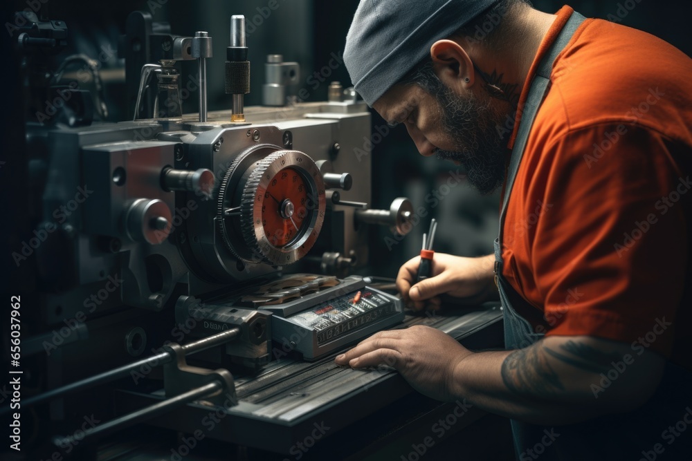 Poster a man in an orange shirt is seen working on a machine. this image can be used to depict a person eng