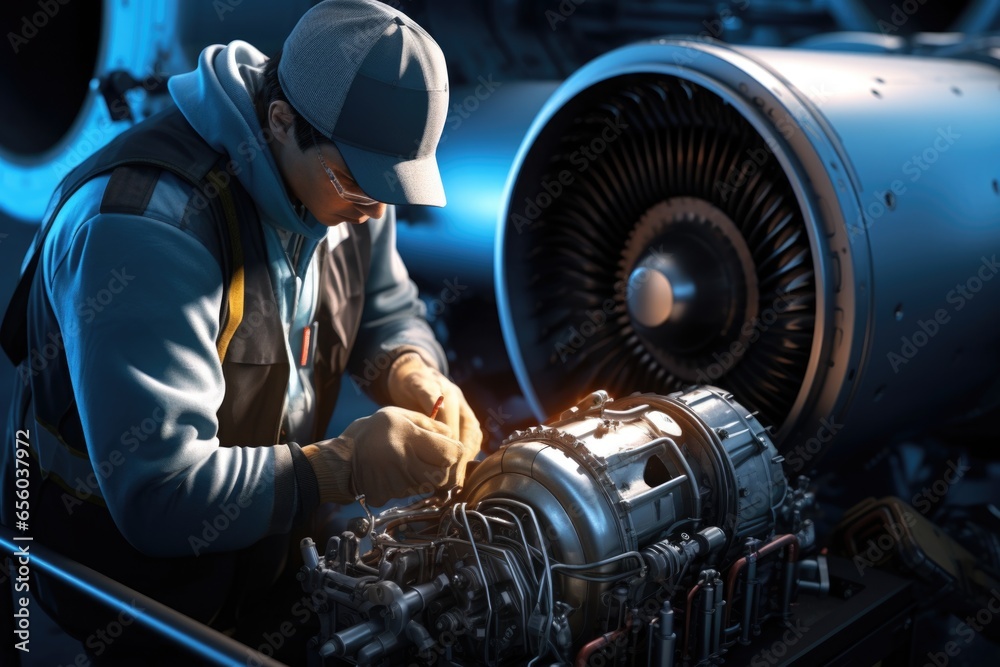 Poster a man is seen working on a jet engine. this image can be used to depict aircraft maintenance and eng
