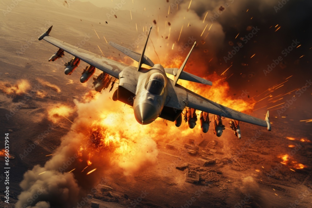 Poster a powerful fighter jet soaring through a dramatic cloud of fire. this image captures the intensity a