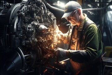 A man is seen working on a machine in a factory. This image can be used to depict industrial work, manufacturing processes, or the concept of labor and productivity.