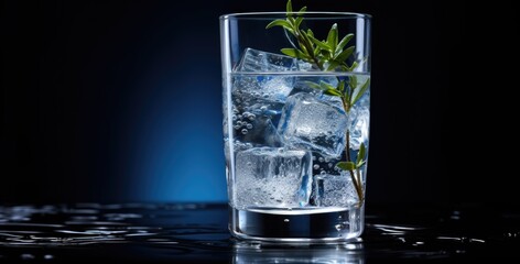 Glass of water with ice cubes on bar counter in night club.