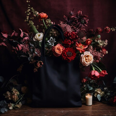 Blank Black Canvas Tote Back Mockup with Moody Fall Florals